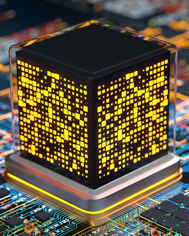 A black and yellow quantum computer chip